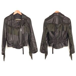 Vintage Steer Brand Black Fringe Leather Biker Jacket Women's 13/14